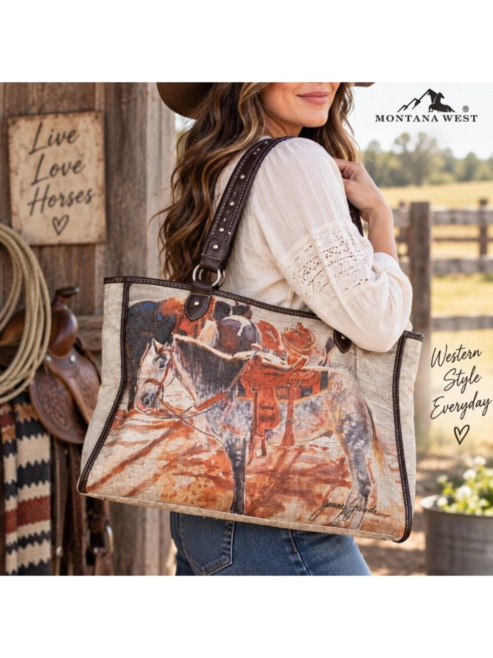 Montana West Horse Western Canvas Tote Bag Equestrian Cowboy Shoulder Purse